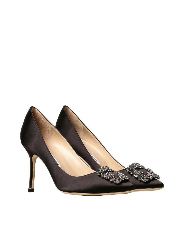 Manolo Blahnik Hangisi 90MM Satin Pumps With FMC Crystal Buckle Black ...