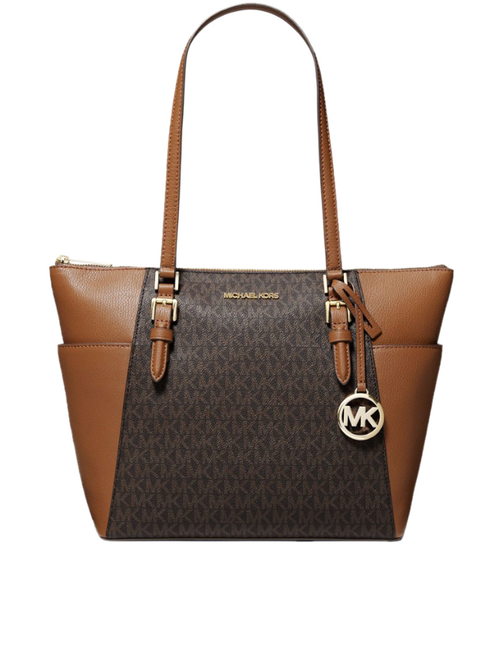 Michael Kors Charlotte Large Logo and Leather Top-Zip Tote Bag Brown –  Balilene