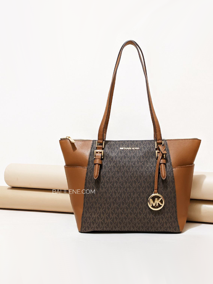 Michael Kors Charlotte Large Logo and Leather Top-Zip Tote Bag Brown –  Balilene