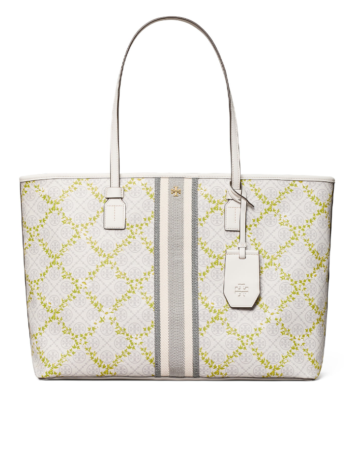 Tory Burch 82593 T Monogram Canvas Floral Vine Top-Zip Tote Ivory – Balilene