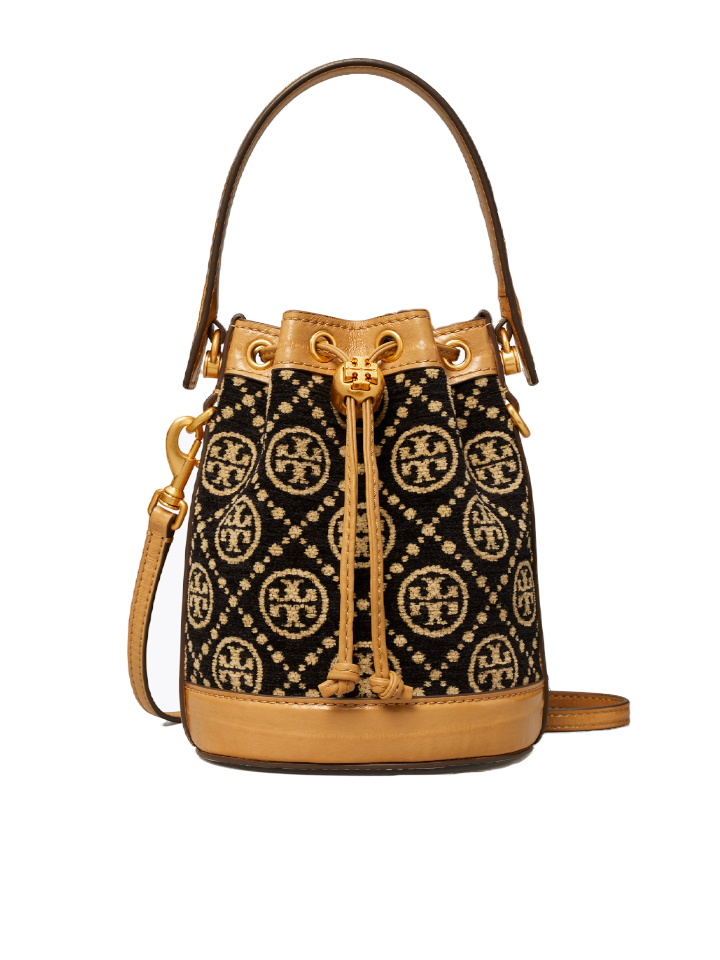 Tory Burch 88780 T Monogram Mini Chenille Bucket Bag Black/Cream – Balilene