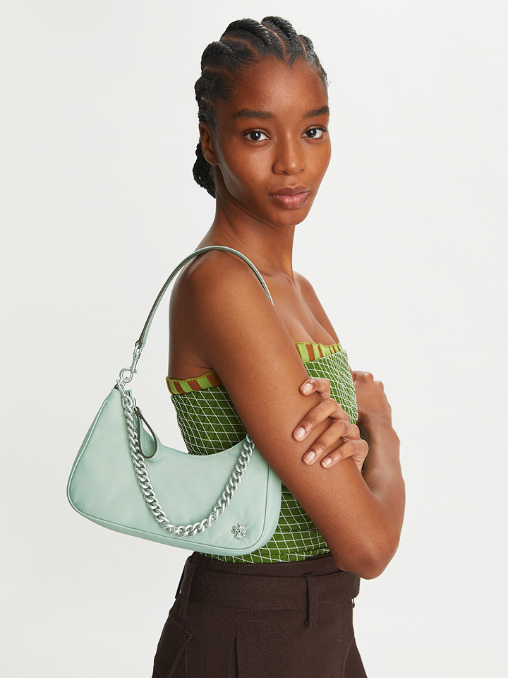 Tory Burch Mercer Small Nylon Crescent Bag Blue Celadon – Balilene