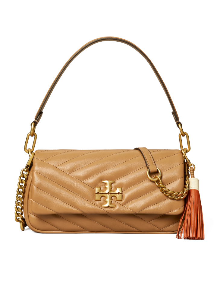 Tory Burch Kira Chevron Tassel Small Flap Shoulder Bag Almond Brown –  Balilene