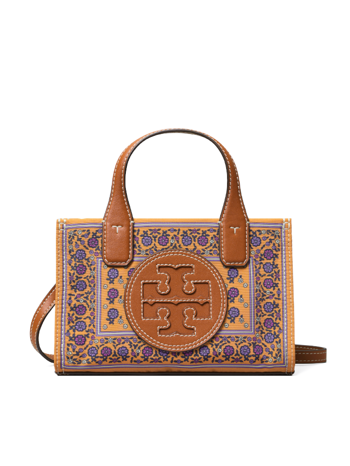 Tory Burch Ella Printed Mini Tote Brown Floral Daisy Border – Balilene