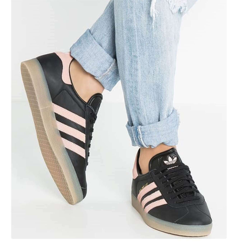 womens grey and pink gazelles