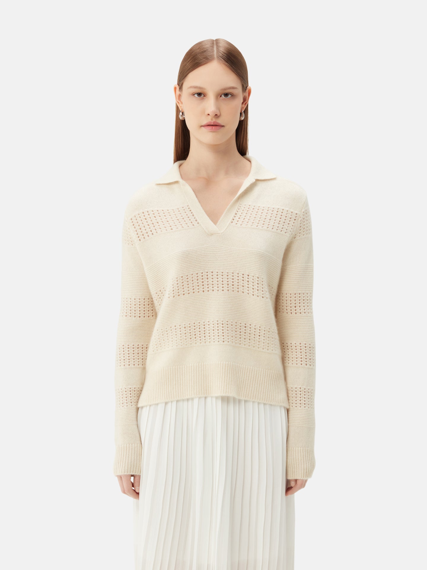 Organic Colour Mixed Pattern Cashmere Polo Off White - Gobi Cashmere