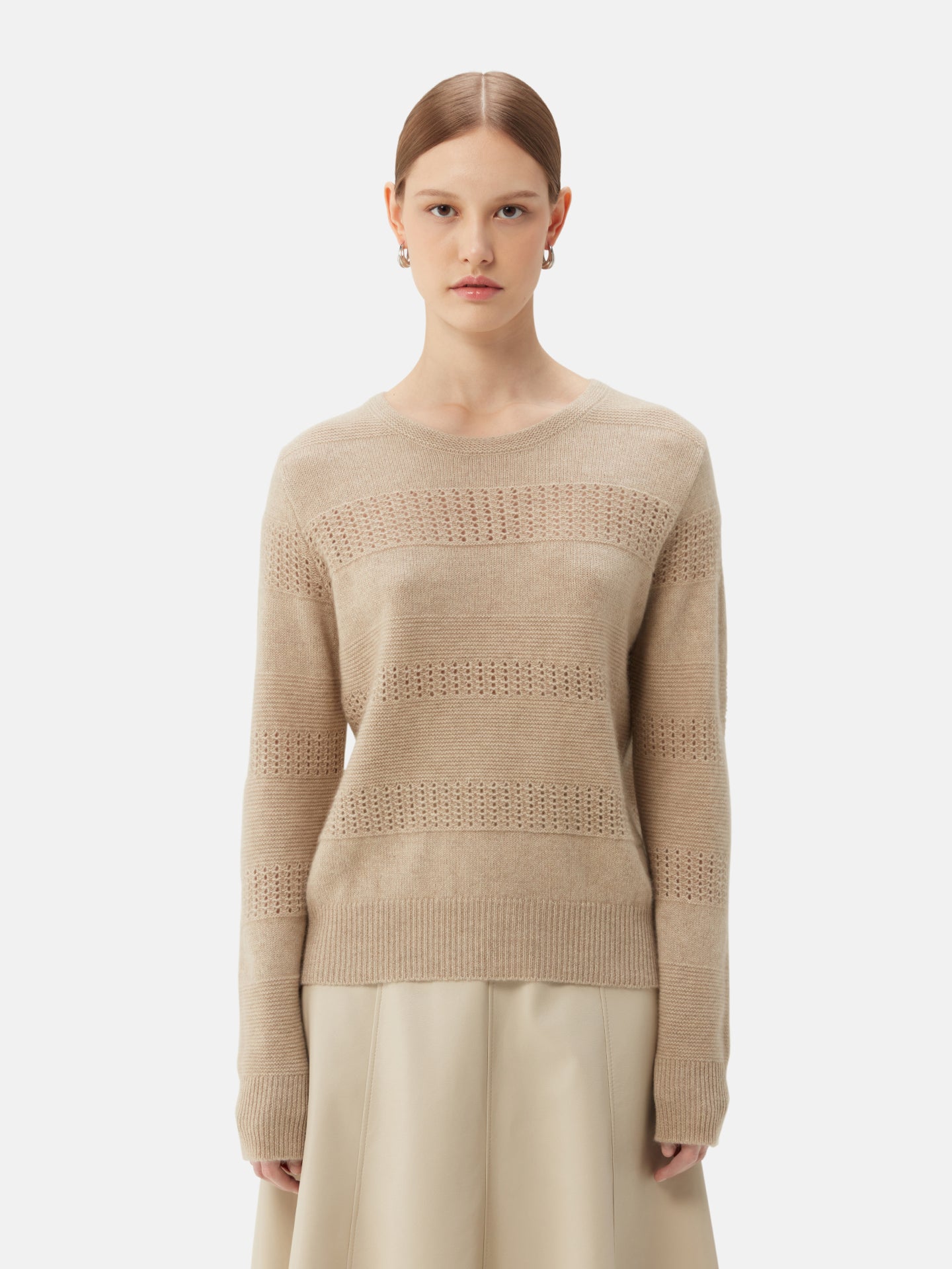 Women's Organic Colour Mixed Pattern Cashmere Crewneck Sweater Warm Grey - Gobi Cashmere