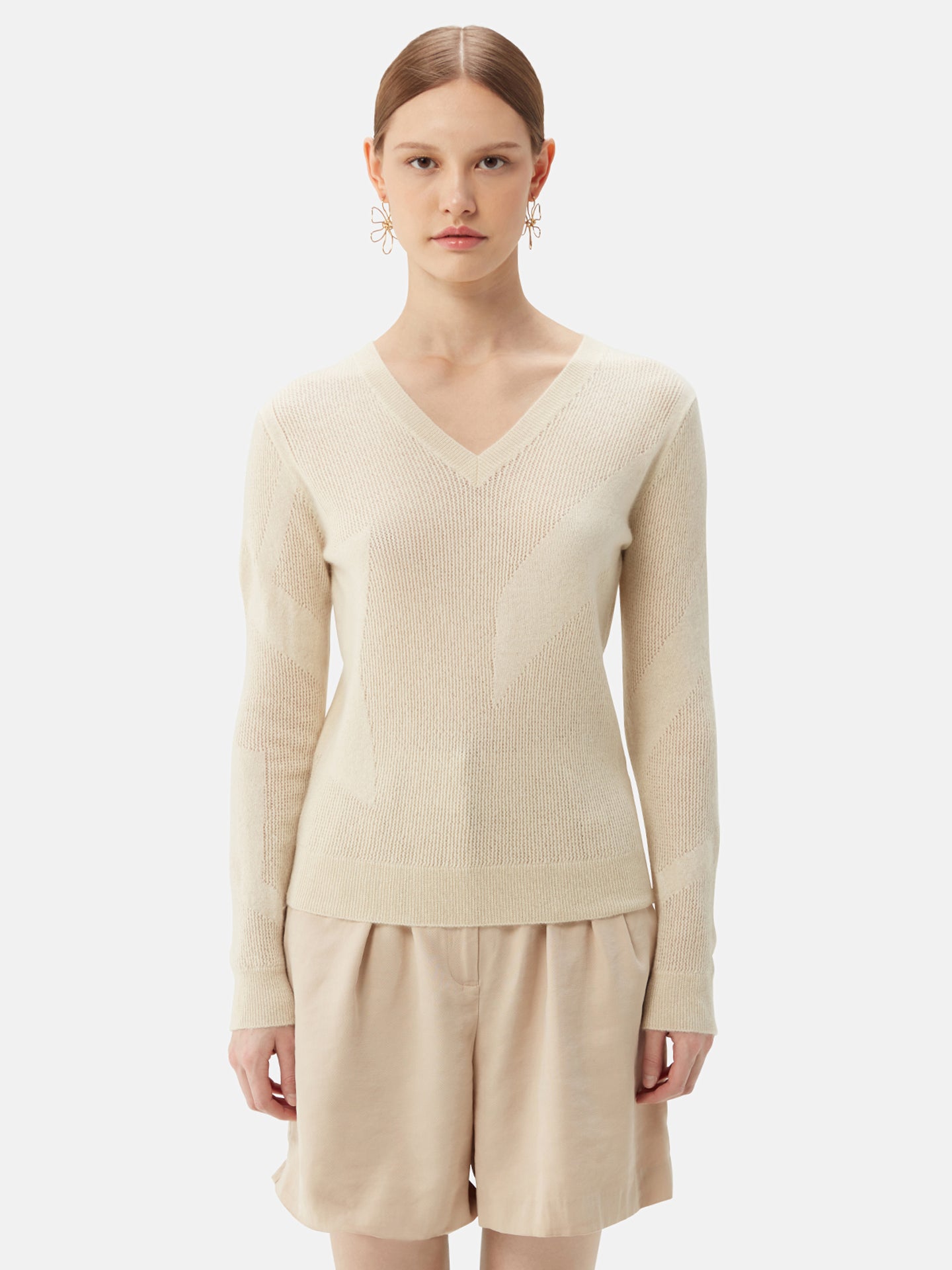 Women's Organic Colour Cashmere V-neck Sweater Off White - Gobi Cashmere