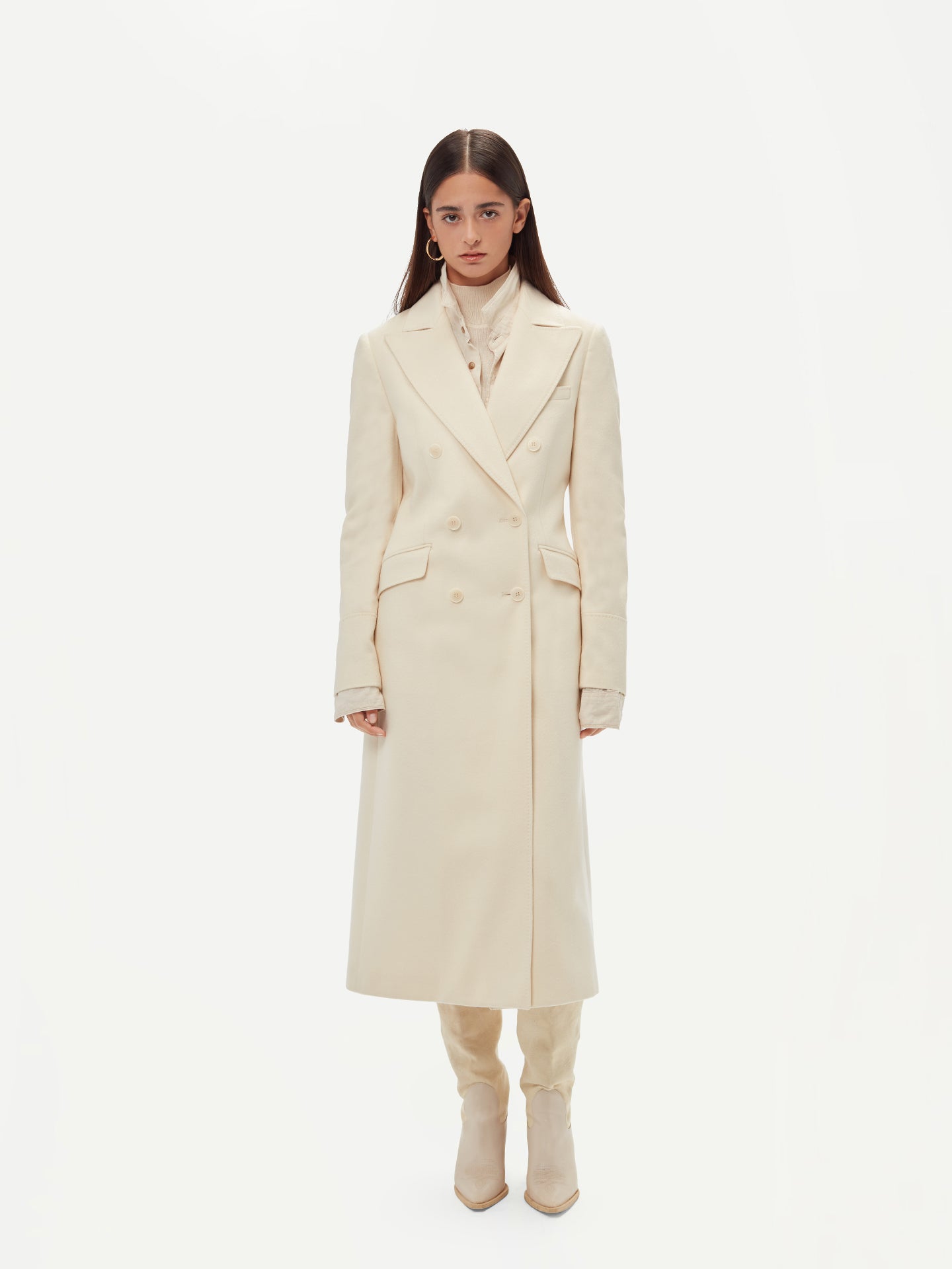 Women's Cashmere Peak Lapel Long Coat White - Gobi Cashmere 