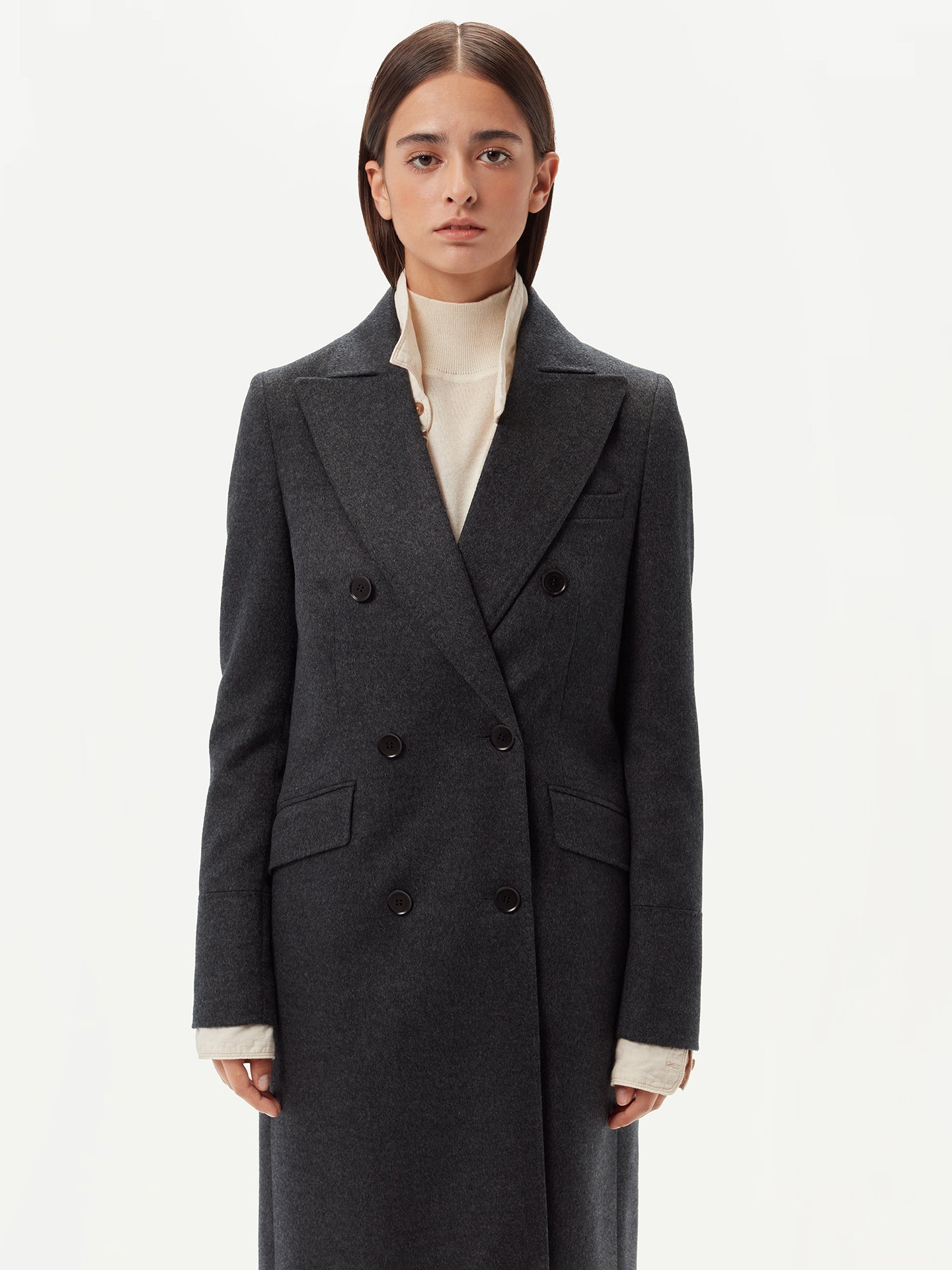 Women's Cashmere Peak Lapel Long Coat Charcoal - Gobi Cashmere 