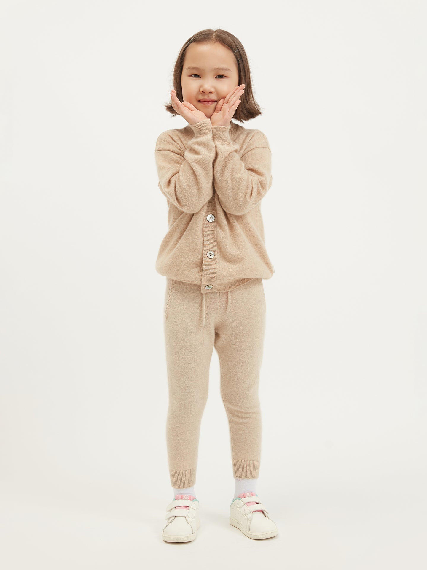 Kids Cashmere V-neck Cardigan Beige - Gobi Cashmere