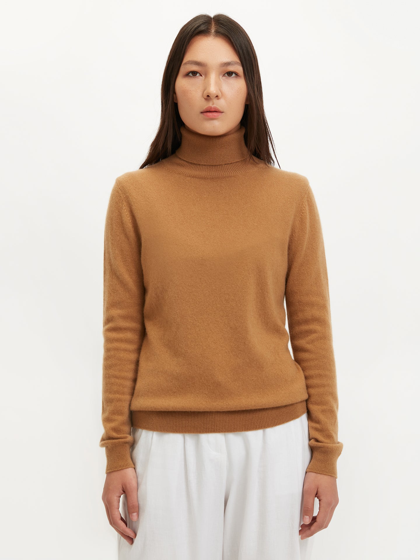 Women's Cashmere Basic Turtle Neck Sweater Almond - Gobi Cashmere