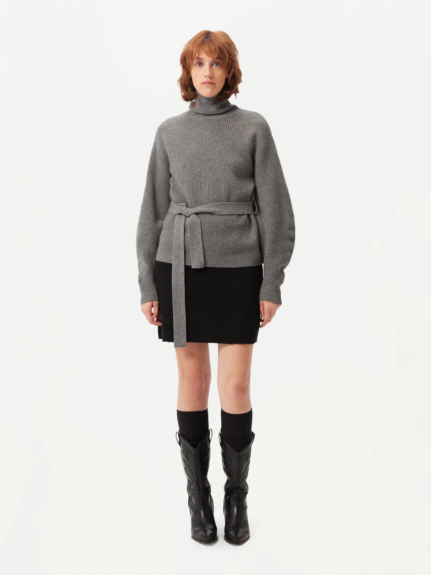 Women's Belted Cashmere Turtleneck Dim Gray- Gobi Cashmere