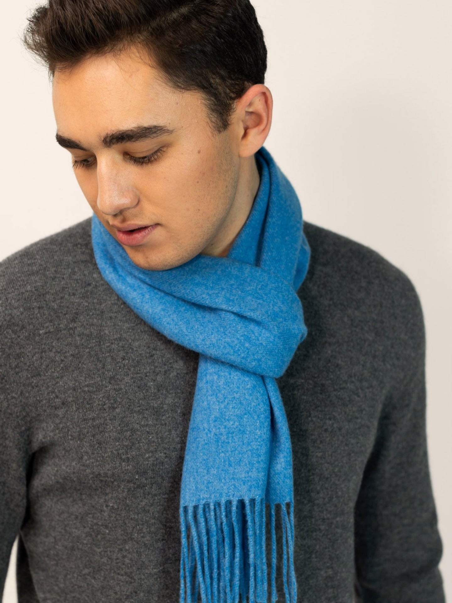 Unisex Cashmere Fringed Scarf Blue - Gobi Cashmere