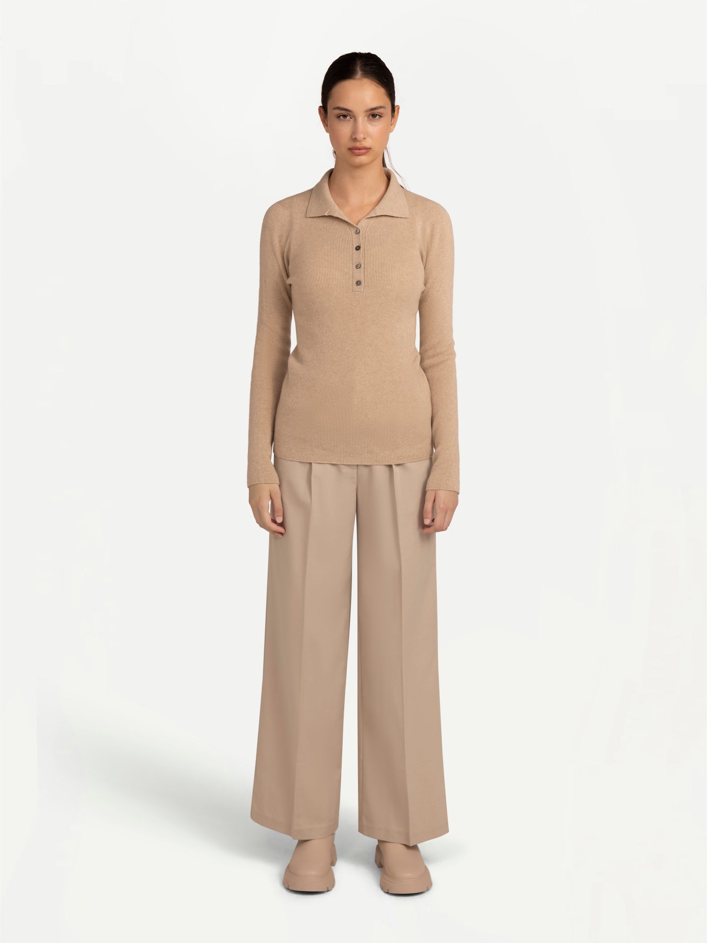 Women's Organic Cashmere Lightweight Polo Beige - Gobi Cashmere