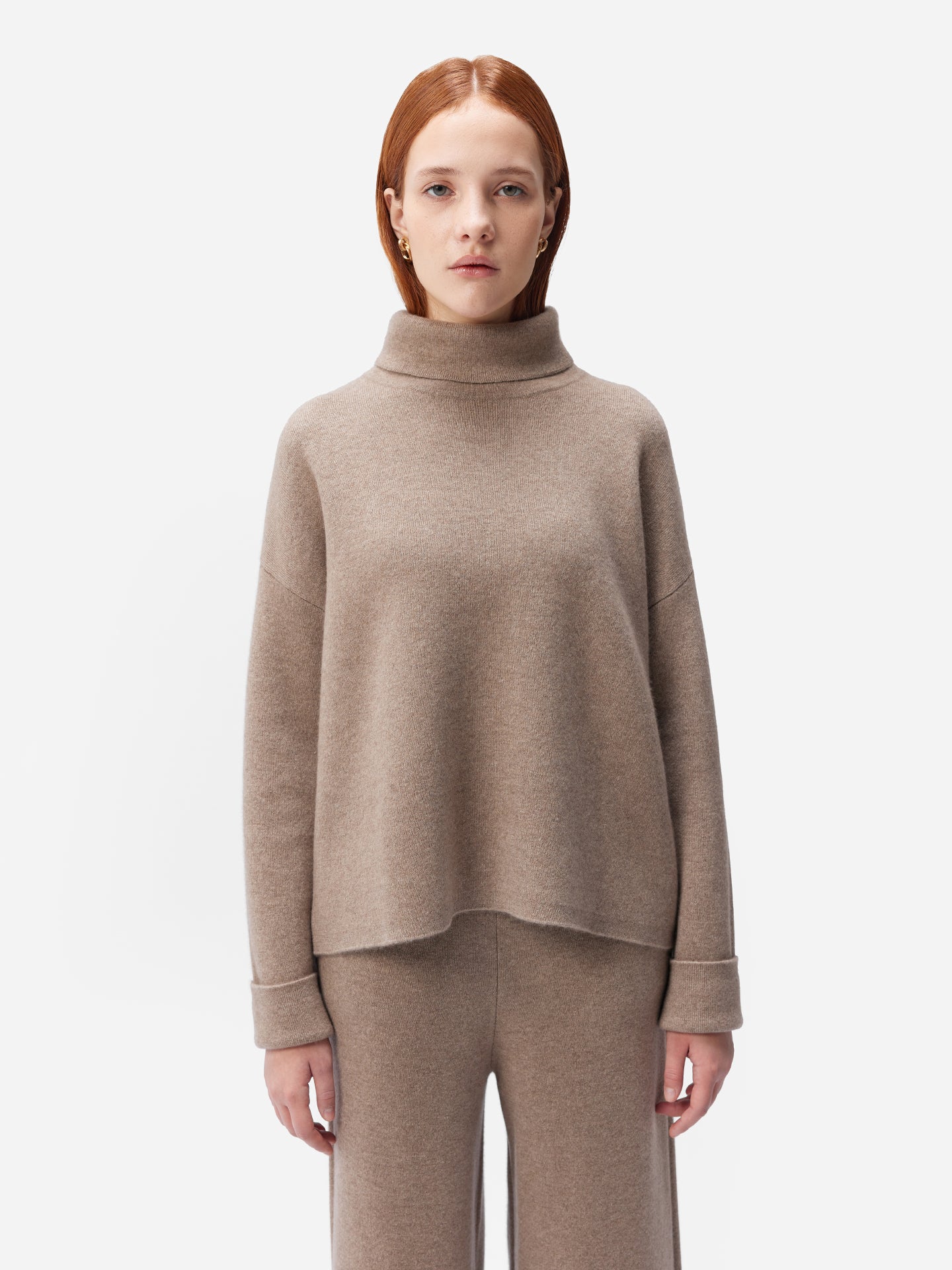 Women's Organic Cashmere Roll-Neck Sweater Taupe - Gobi Cashmere