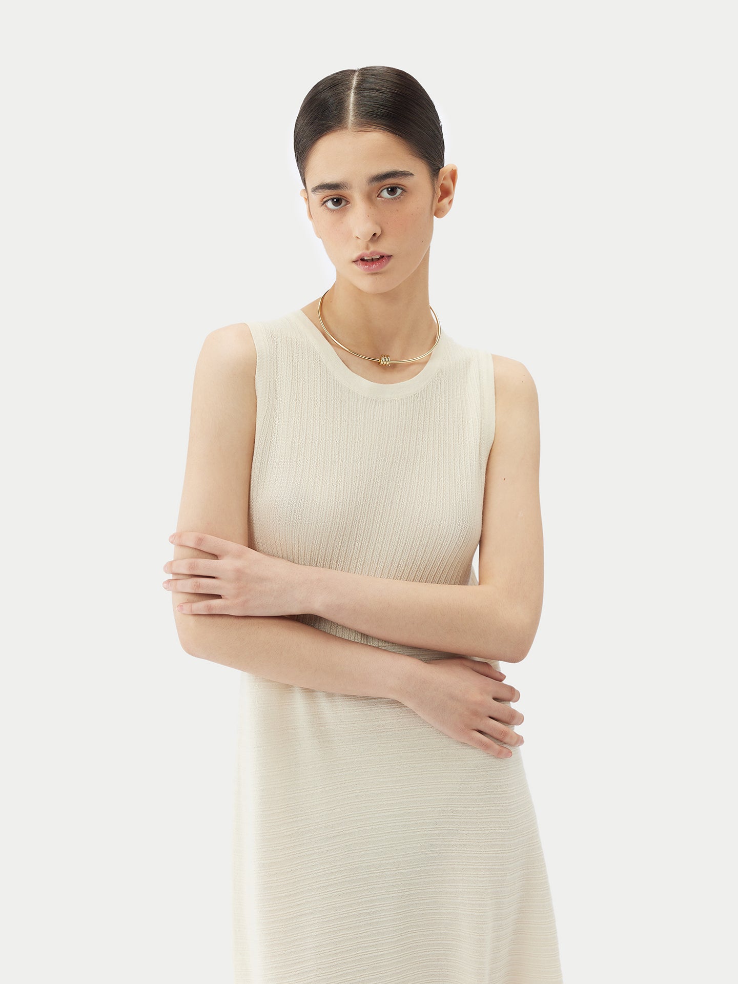 Women's High-neck Ribbed Cotton Silk Cashmere Blend Top Marshmallow - GOBI Cashmere
