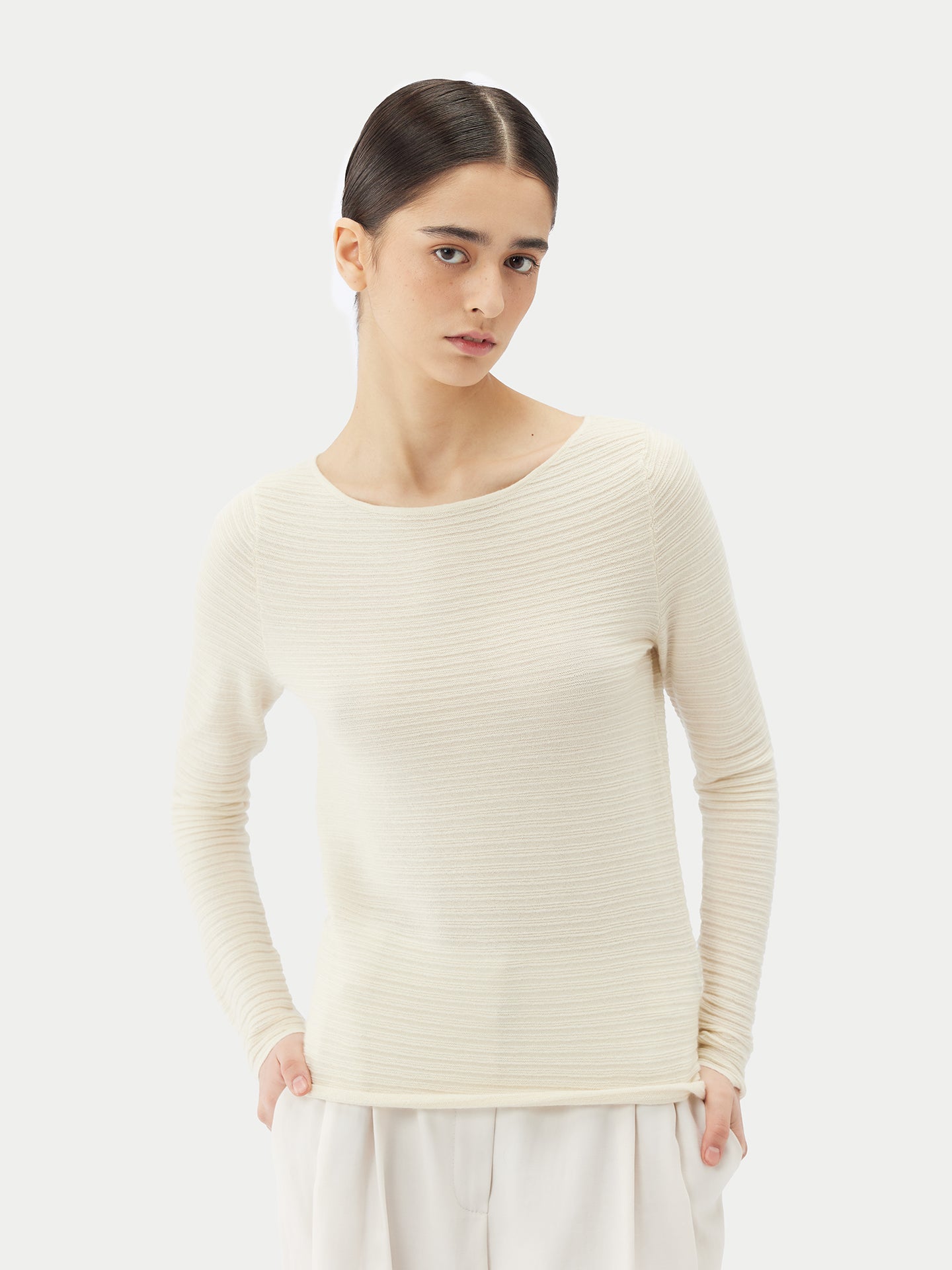 Women's Cashmere Silk Ribbed Sweater Marshmallow - Gobi Cashmere
