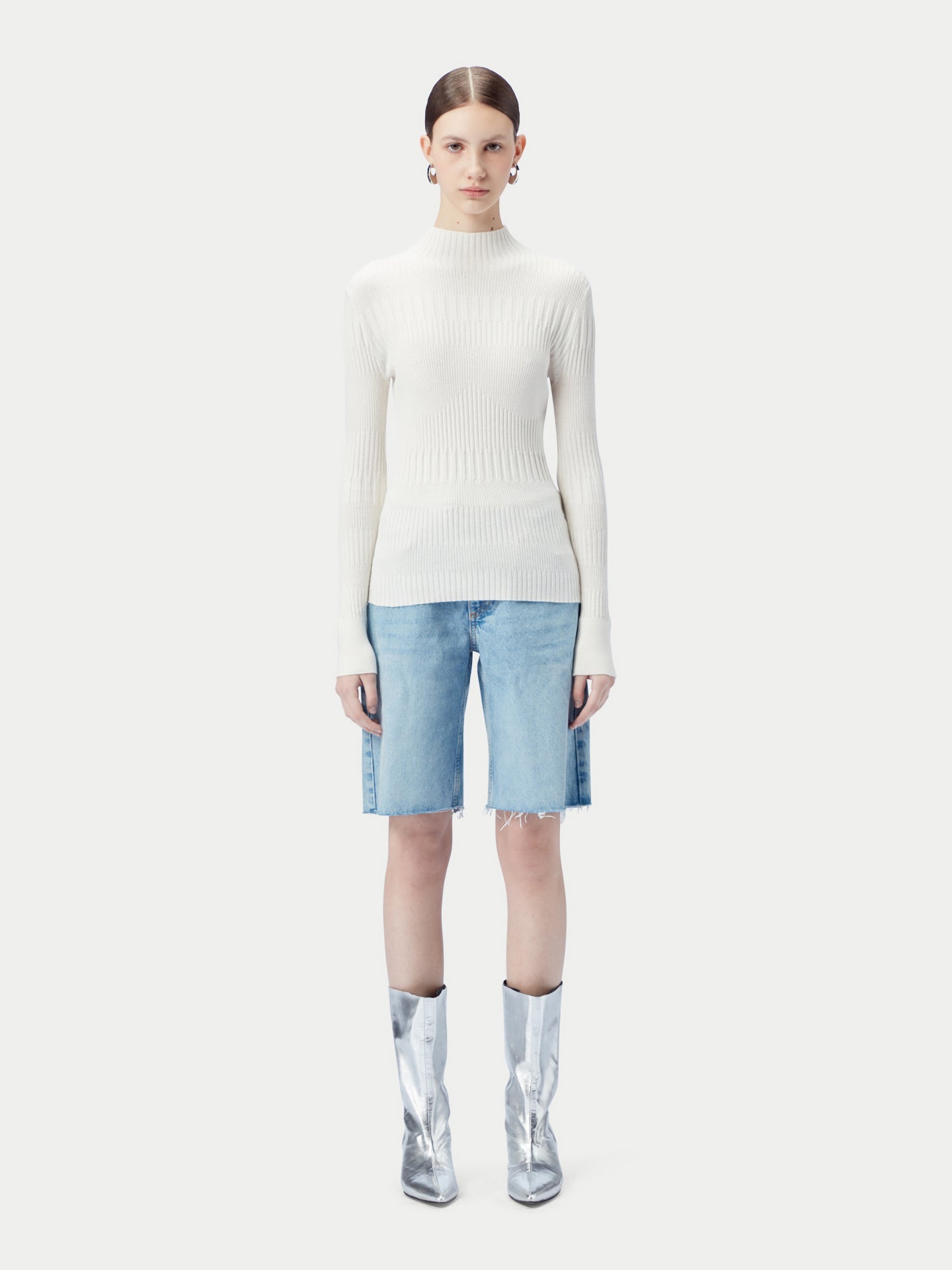 Women's High-neck Ribbed Cotton Silk Cashmere Blend Sweater Whisper White - Gobi Cashmere