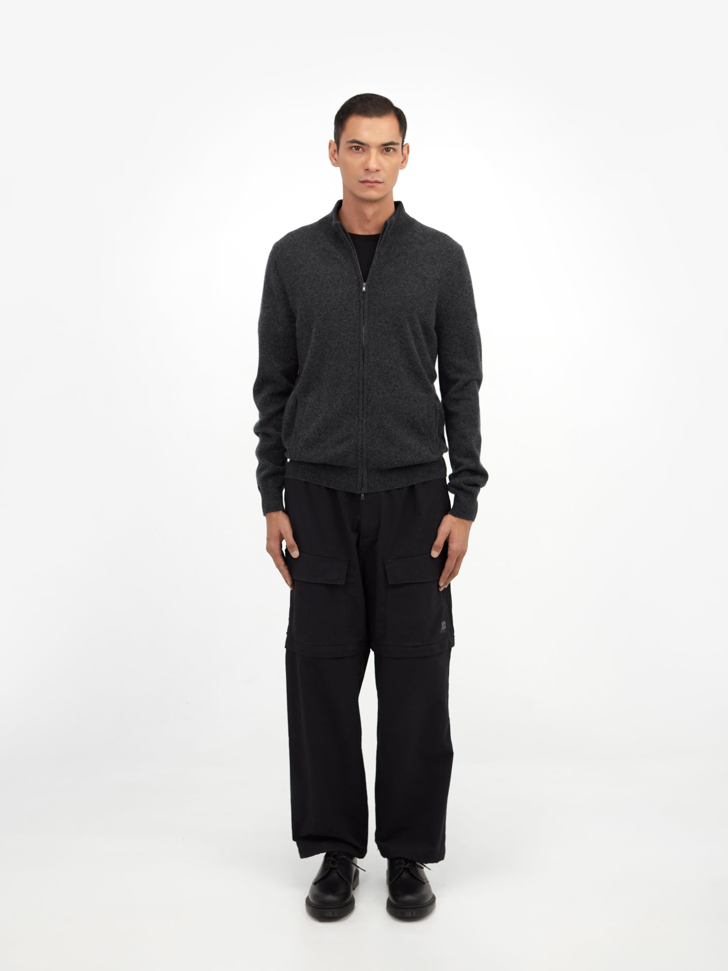Men's Cashmere Full Zip Stand Collar Cardigan Charcoal - Gobi Cashmere