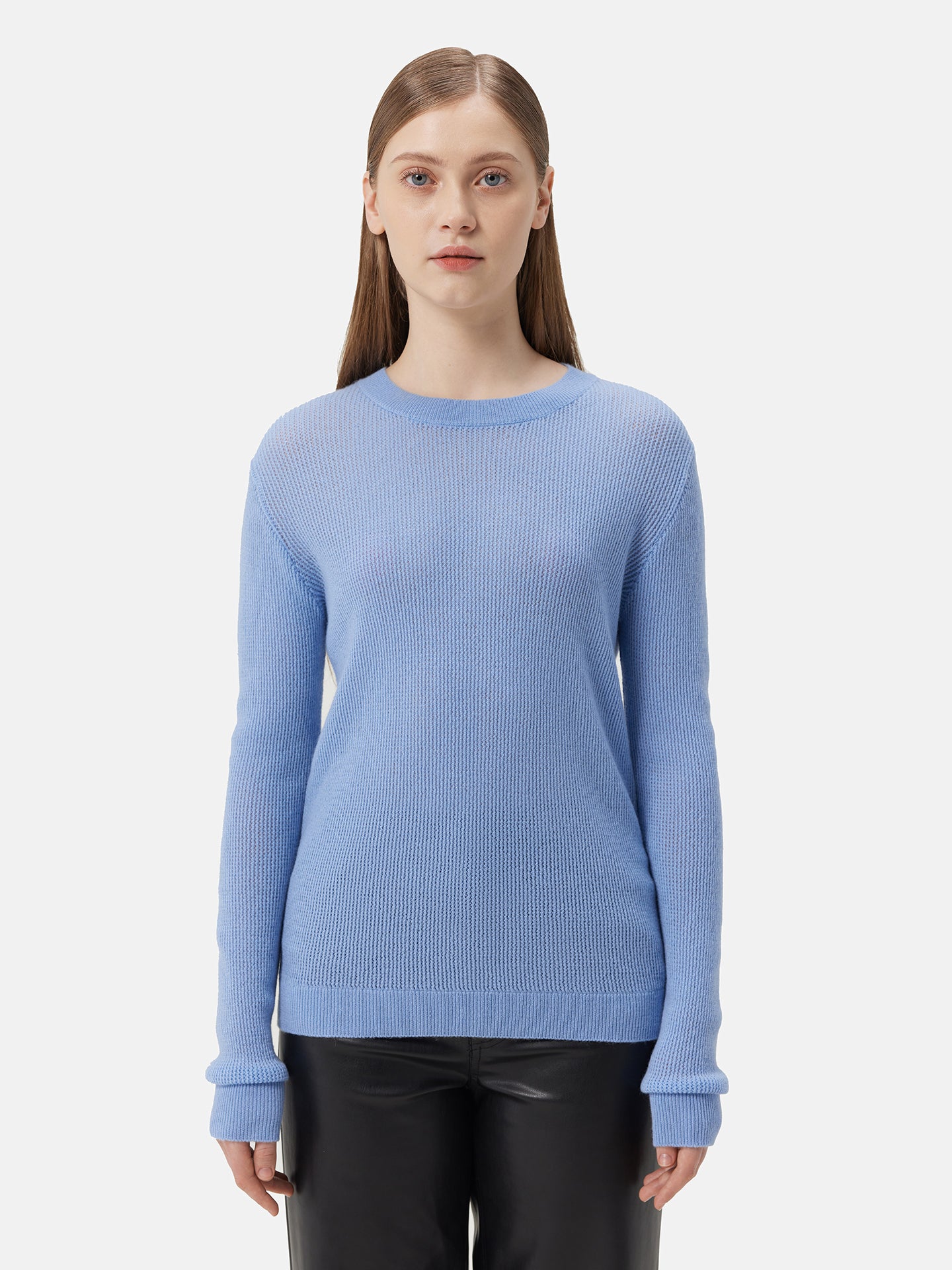 Women's Ajour-Knit Cashmere Crewneck Sweater Della Robbia Blue - Gobi Cashmere