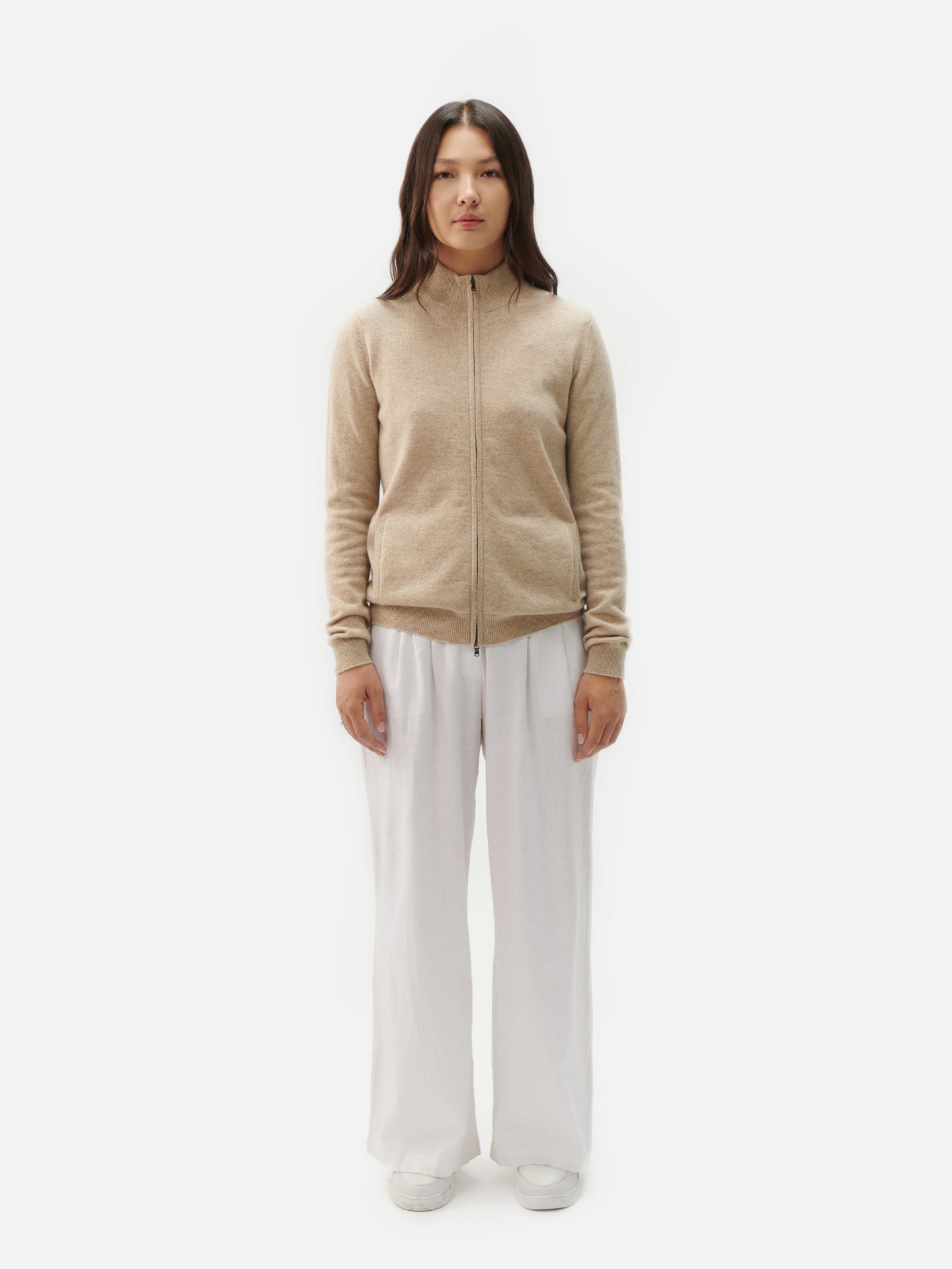 Women's Cashmere Zip Cardigan Beige- Gobi Cashmere