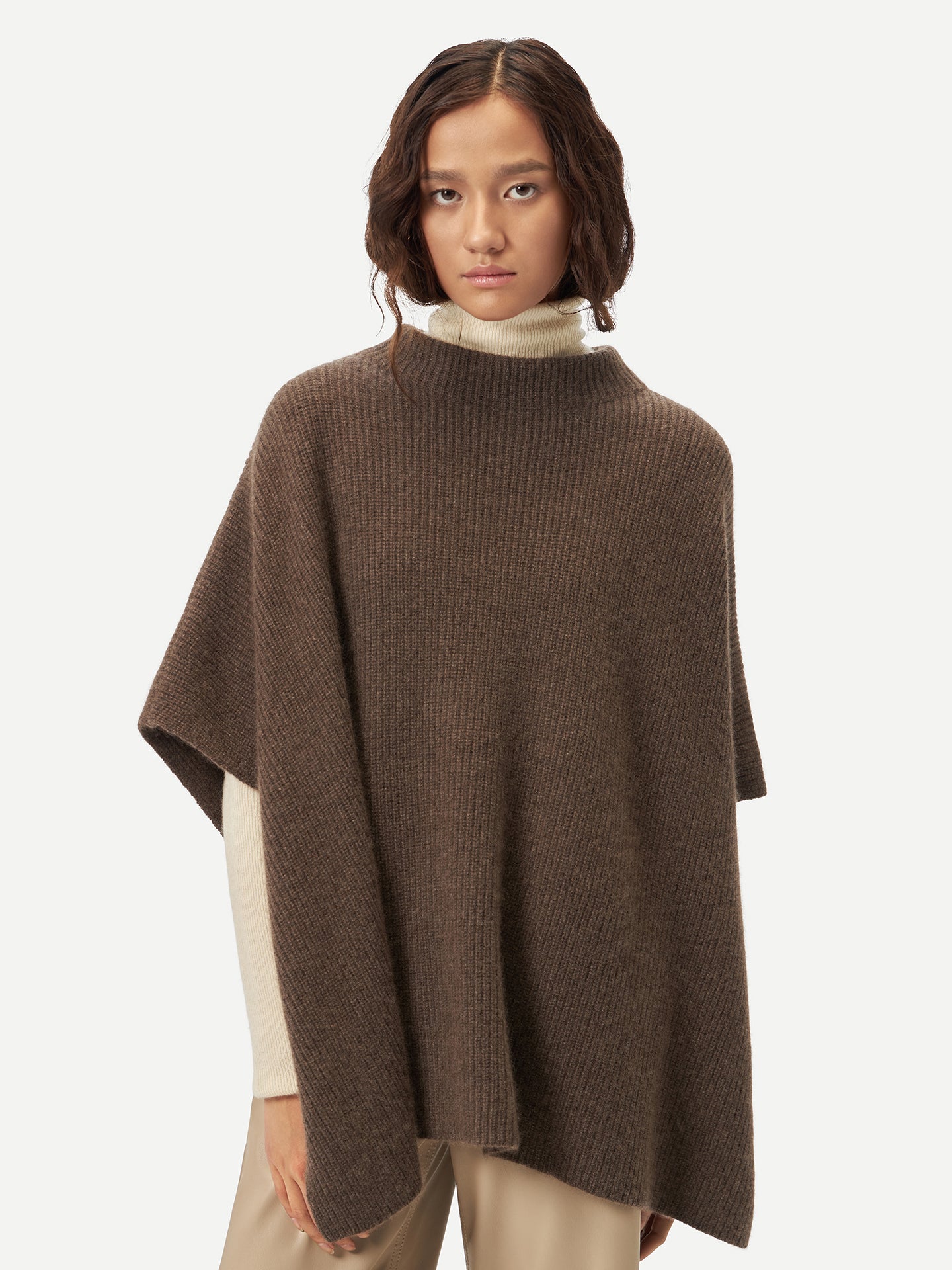 Women's Organic Colour Rib-Knit Cashmere Poncho Cocoa - Gobi Cashmere