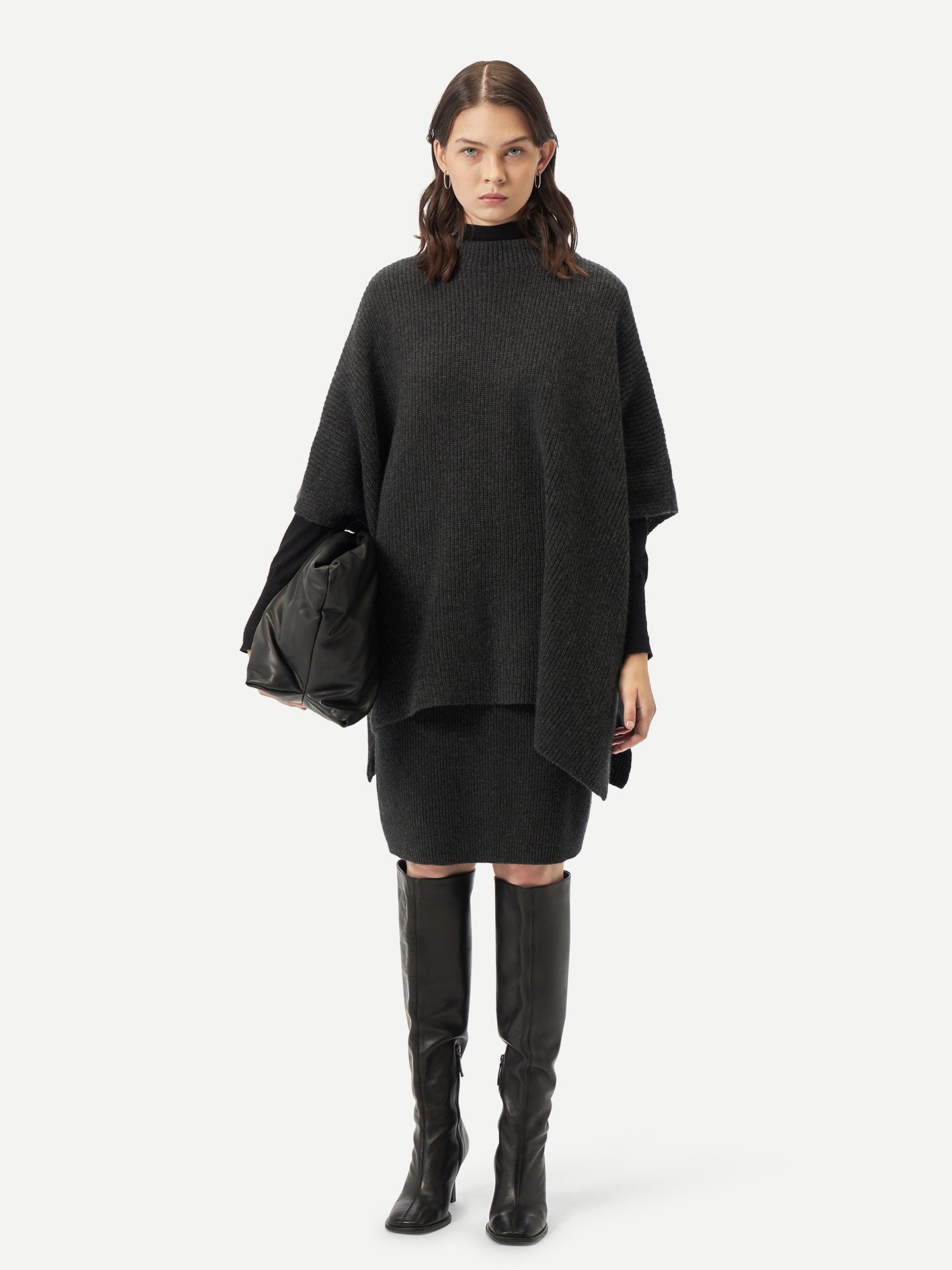 Women's Rib-Knit Cashmere Poncho Charcoal - Gobi Cashmere