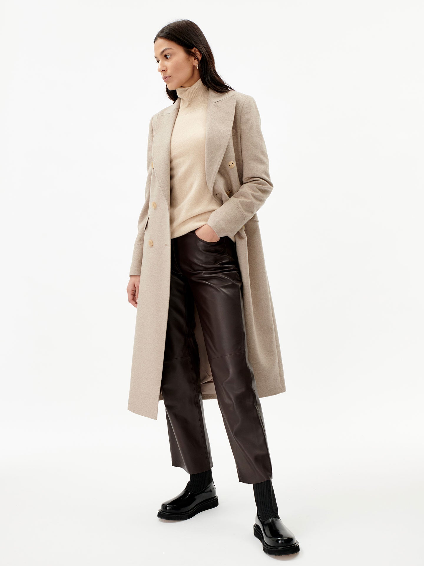 Women's Cashmere Peak Lapel Long Coat Taupe - Gobi Cashmere 