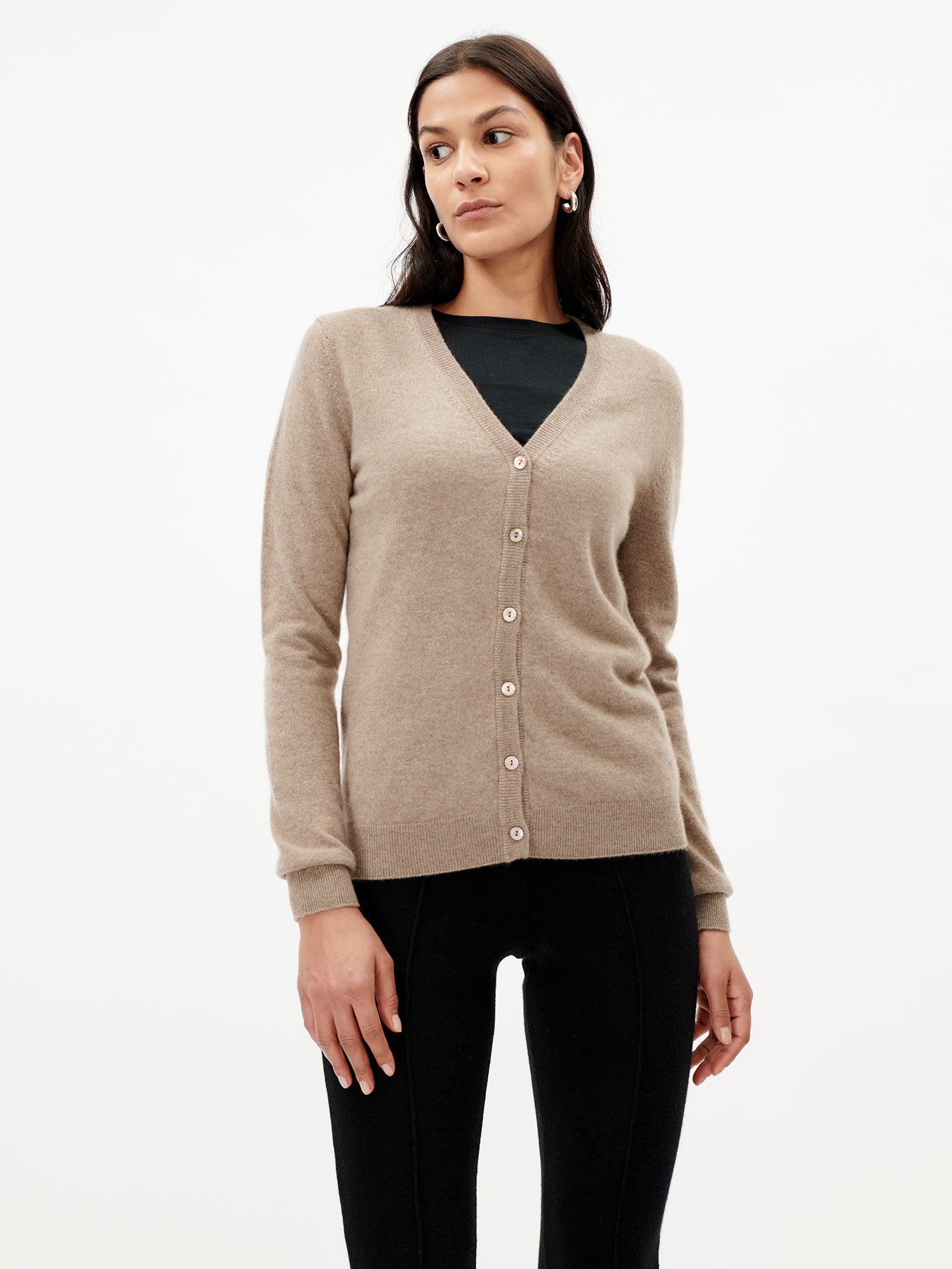 Women's Cashmere V-neck Button Cardigan Taupe - Gobi Cashmere