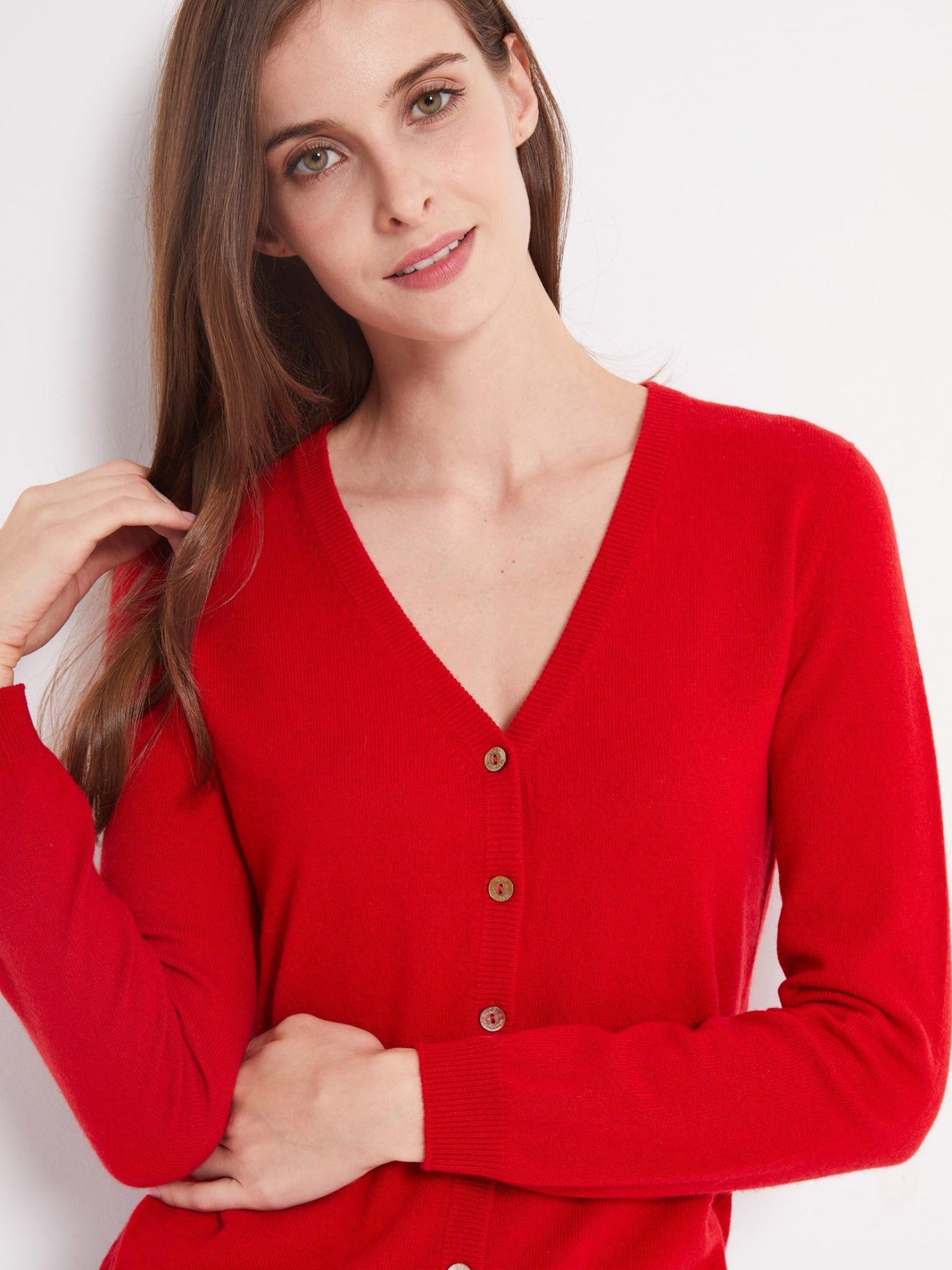 Women's Cashmere V-neck Button Cardigan Red - Gobi Cashmere