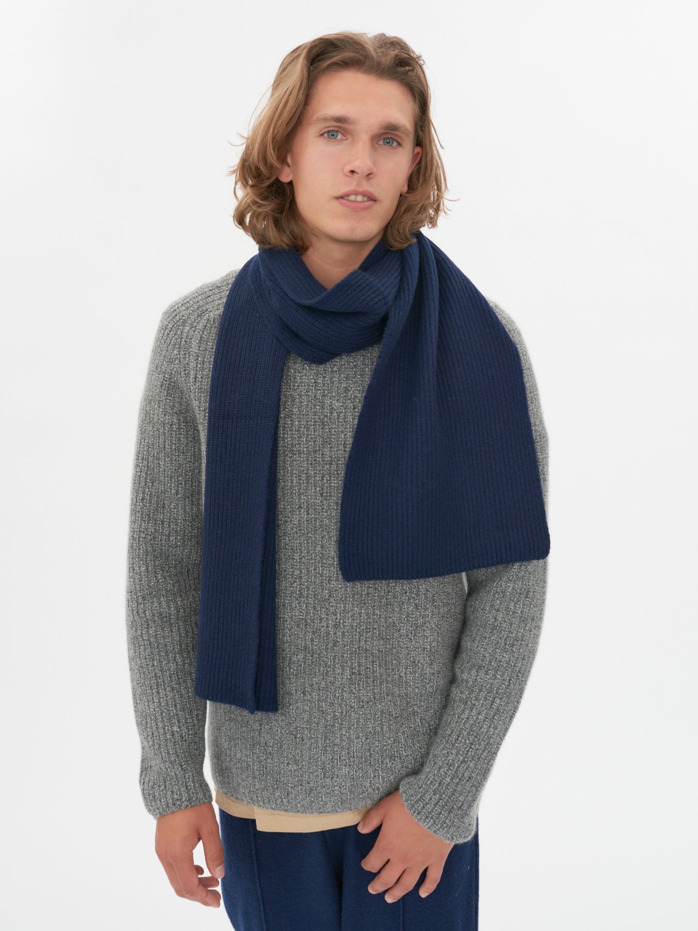 Marina Blue, Mens Pure Cashmere Ribbed Scarf