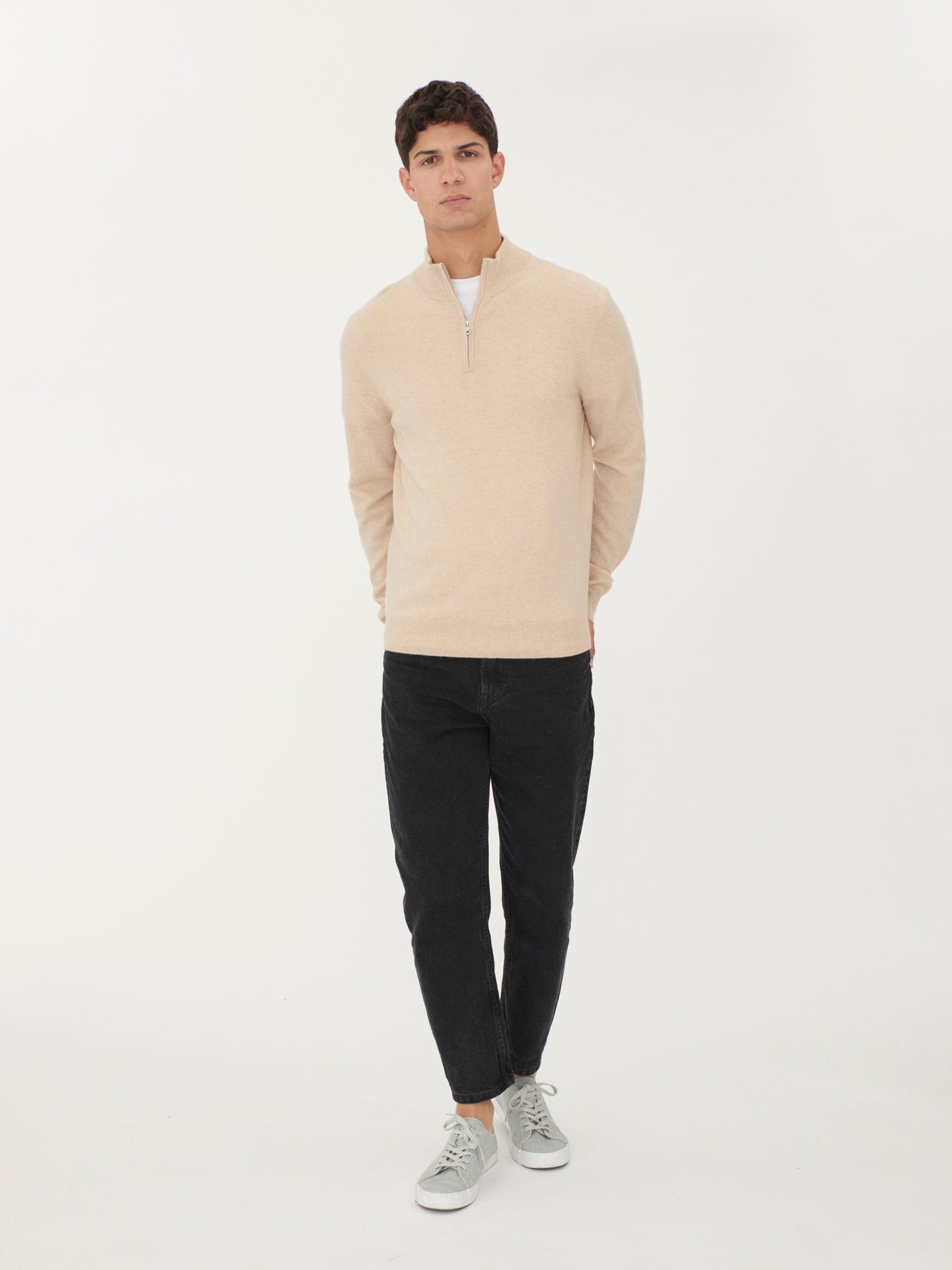 Men's Cashmere Half Zip Polo Beige - Gobi Cashmere