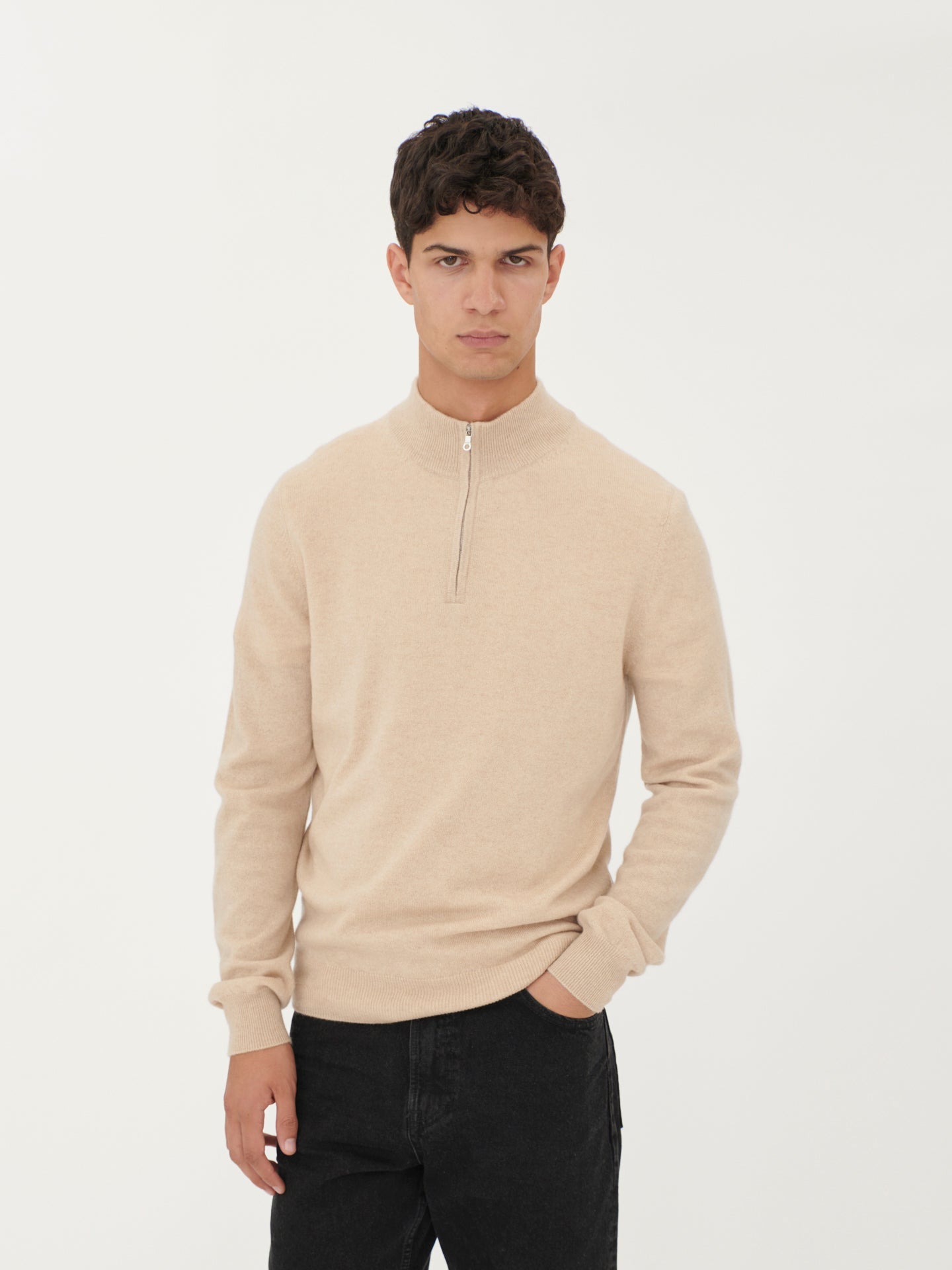 Men's Cashmere Half Zip Polo Beige - Gobi Cashmere