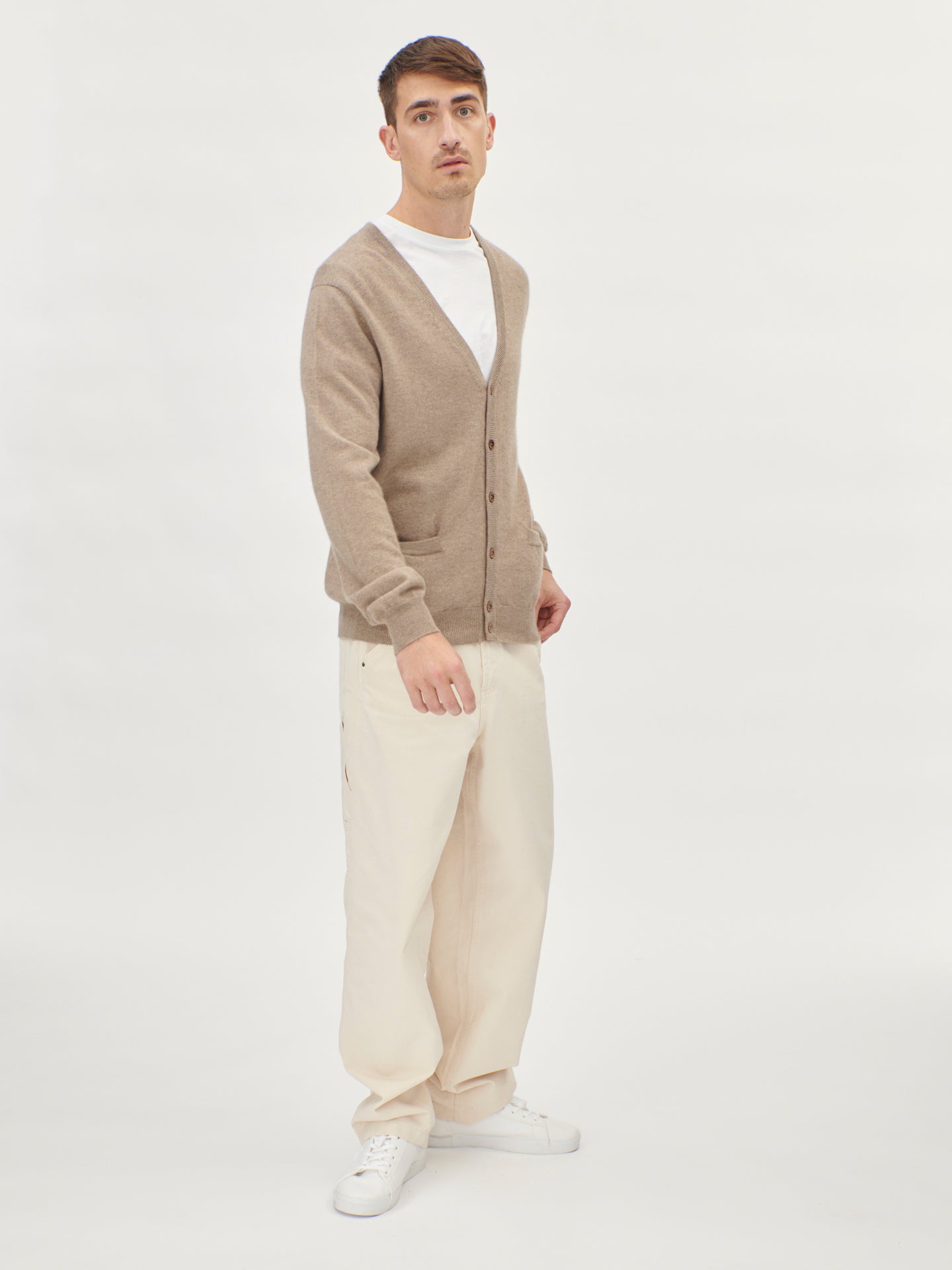 Men's Cashmere V-neck Cardigan Taupe - Gobi Cashmere