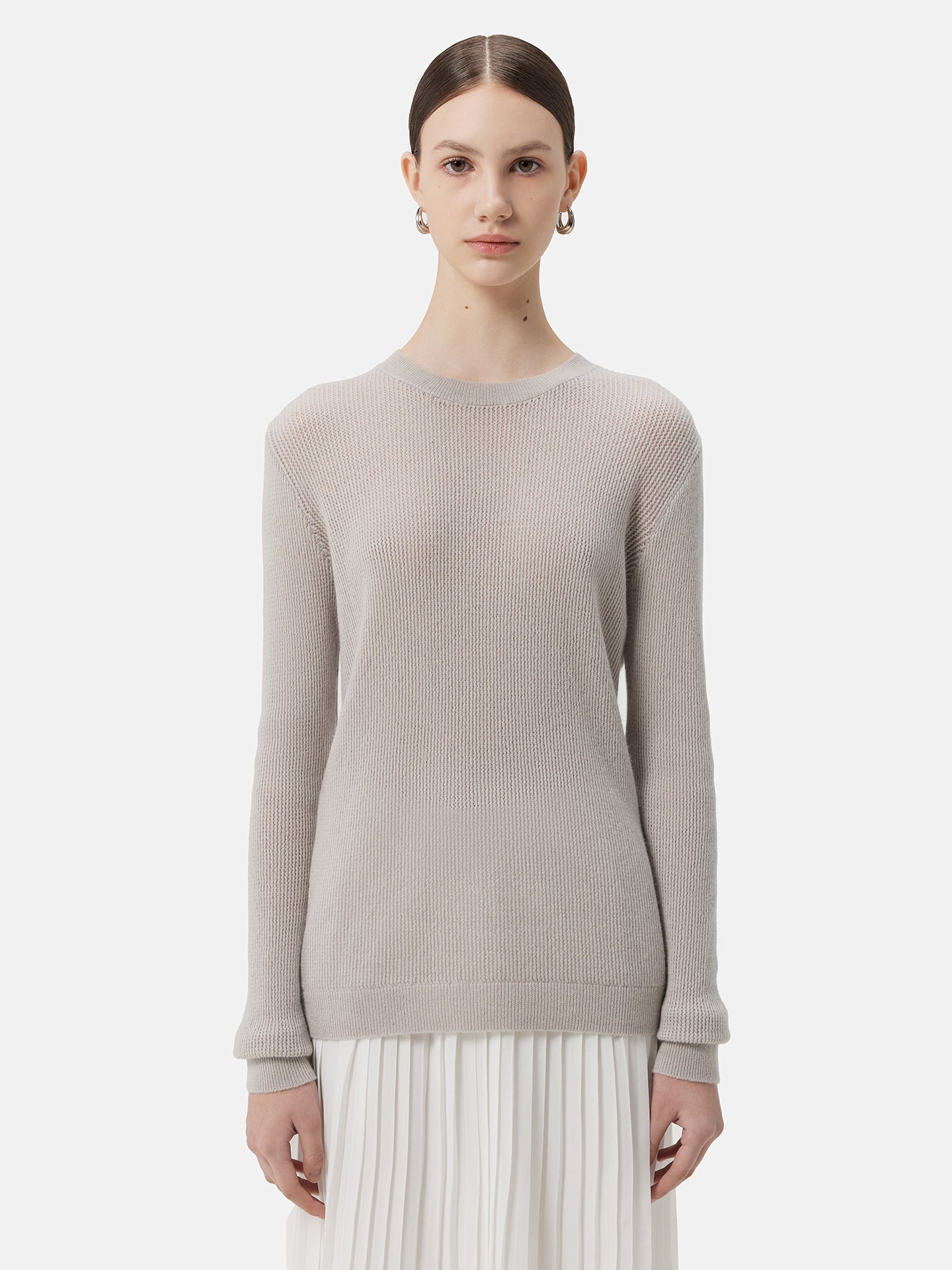 Women's Ajour-Knit Cashmere Crewneck Sweater Gray - Gobi Cashmere