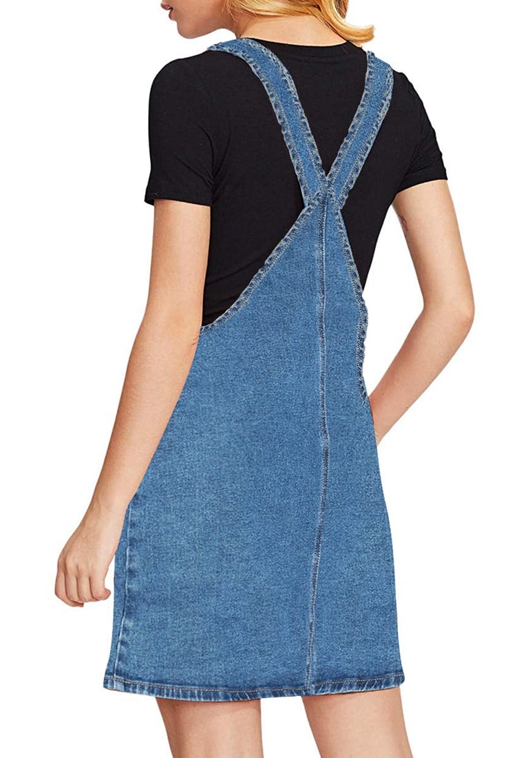 knee length denim pinafore dress