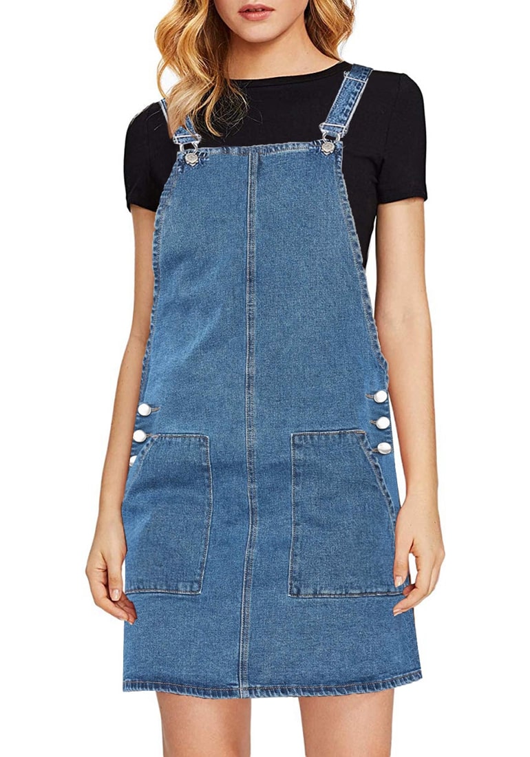 knee length denim dungaree dress