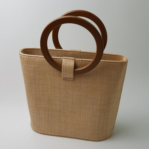 Straw Tote Handbag for Women with round wooden handles & leather strap – SLASH / PRICE