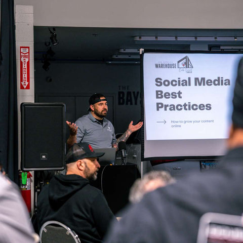 Jason Otterness from Chicago Auto Pros speaking about the best Social Media practices at the Creator Summit 2023 at Car Supplies Warehouse