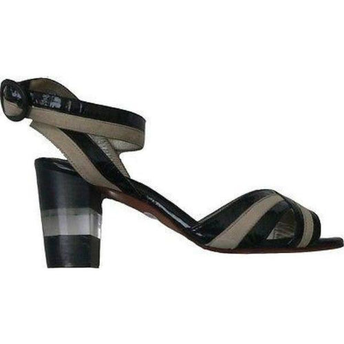 ELISA FERARE heels 7 sandals shoes black patent tan leather clear heel $650