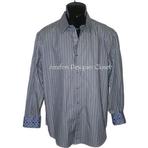 ROBERT GRAHAM shirt L striped with contrasting cuffs $228 navy men's