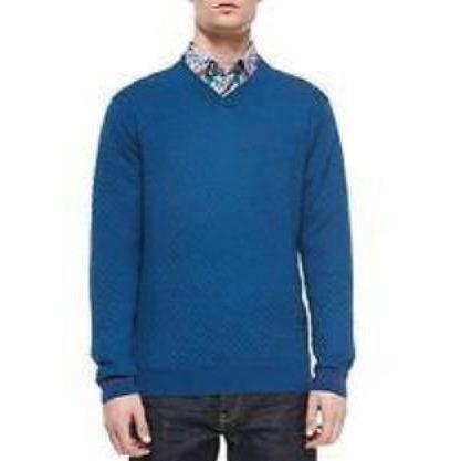 ROBERT GRAHAM M textured sweater V-neck relaxed classic men's teal wool $228