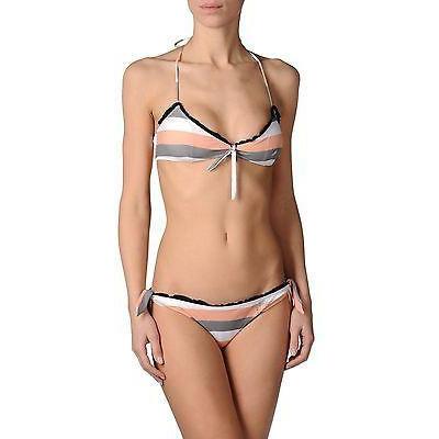 DOLORES PROMESAS bikini swimsuit L striped halter black lace trim