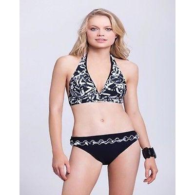 GOTTEX swimsuit 10 bikini black white ruffled halter 2PC Israel designer