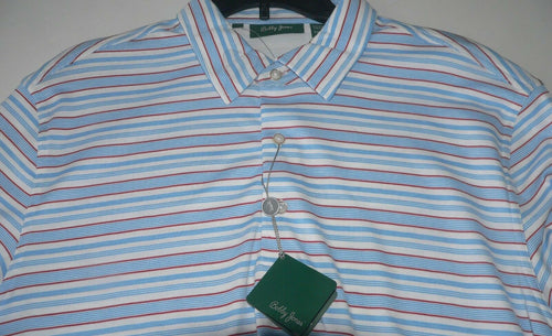 BOBBY JONES Golf polo shirt L golfer white w/ blue, red pinstripe men's PIMA