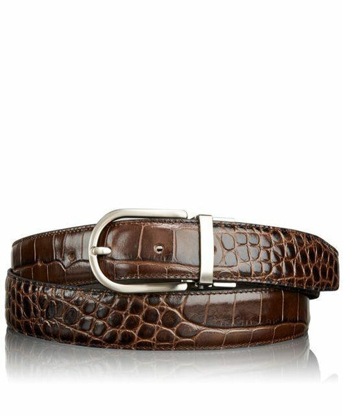 TUMI men's belt Crocodile leather brushed nickel hardware Brown $225