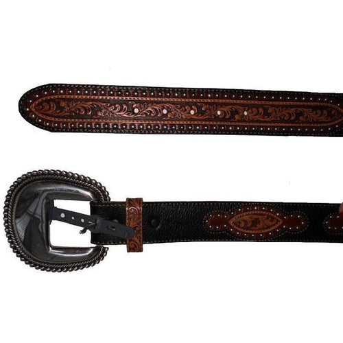 JUSTIN 30 unisex wide black/brown leather belt silver buckle western cowboy