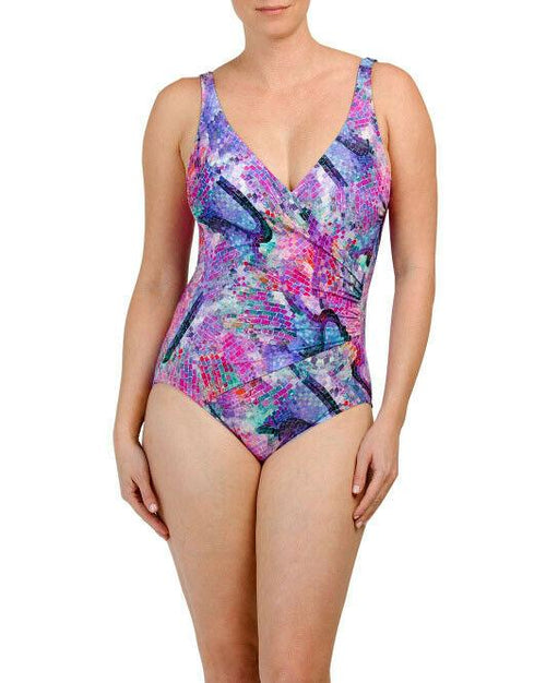 GOTTEX V-neck one-piece swimsuit stained glass wrap draped tummy control