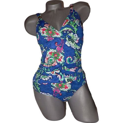 RALPH LAUREN cobalt blue swimsuit 1 piece ruched draped paisley